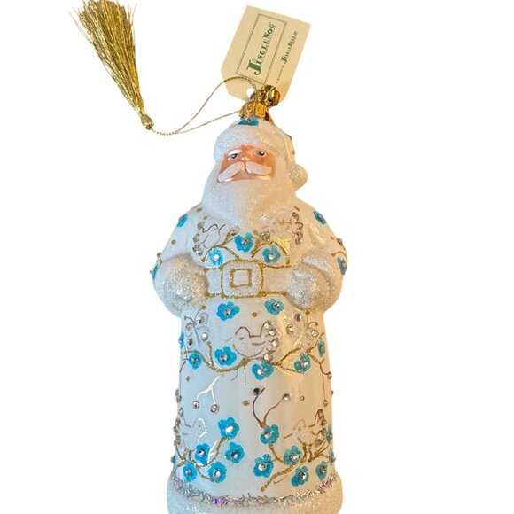 Hand-Painted JingleNog Santa Ornament With Blue & Gold Floral Details - Picture 3 of 13